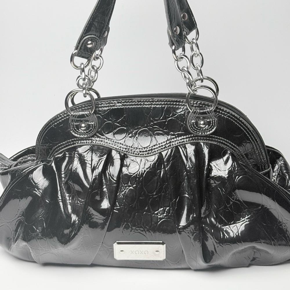 XOXO Black Faux Leather Shoulder Bag Silver Chain Handles 16x9
